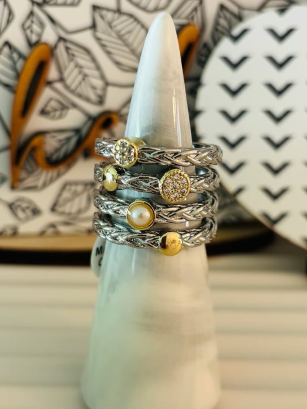 Boutique Mixed Metal CZ and Pearl Ring - Size 8